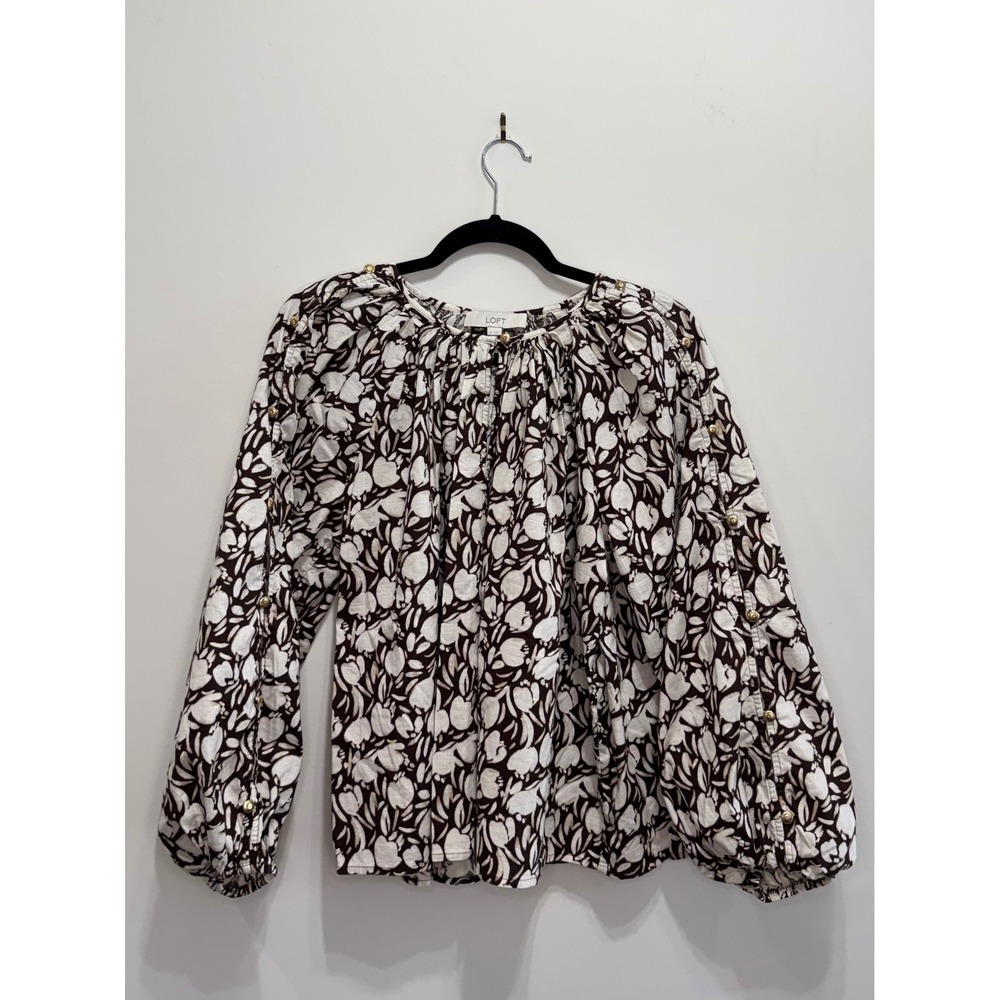 Loft Womens Brown White Floral Balloon Sleeve Button Sleeve Blouse Top S